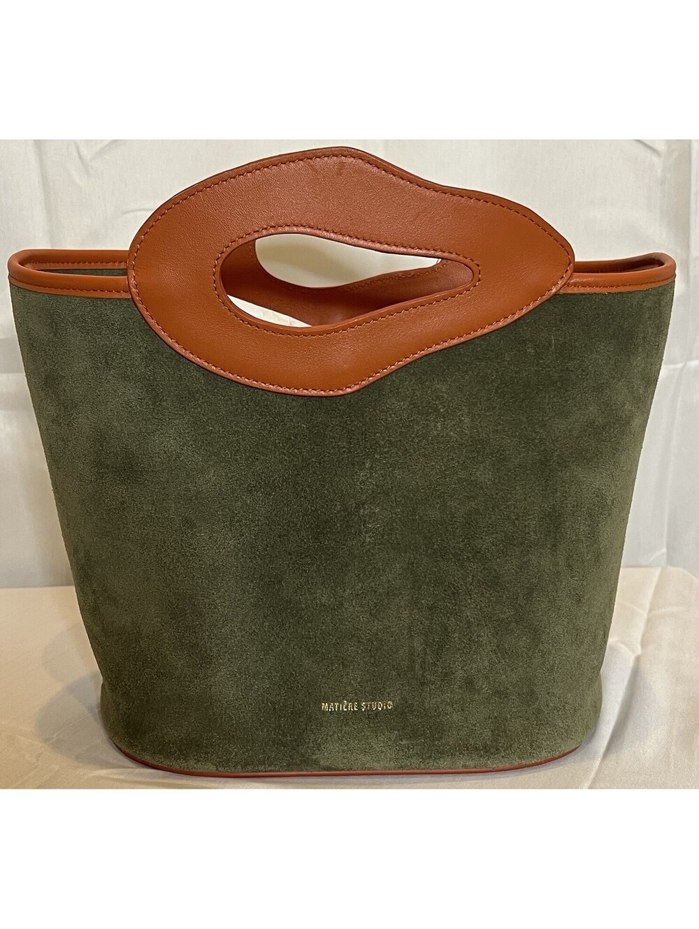 Matiere Studio Barbara Small Tote Olive Suede Cognac Leather Crossbody Spain NEW